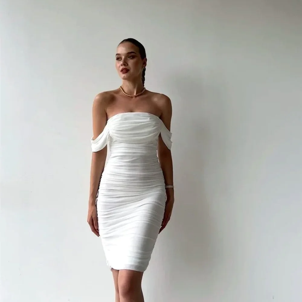 White Bodycon Ruched Stretch Dress - Picture 2 of 12